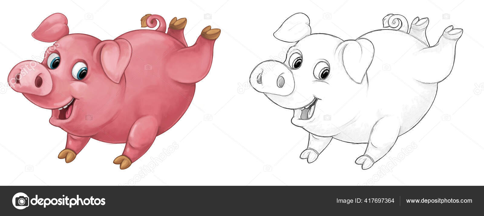 Sketsa Kartun Adegan Babi Yang Bahagia Berdiri Melihat Dan Tersenyum Stok Foto C Illustrator Hft 417697364