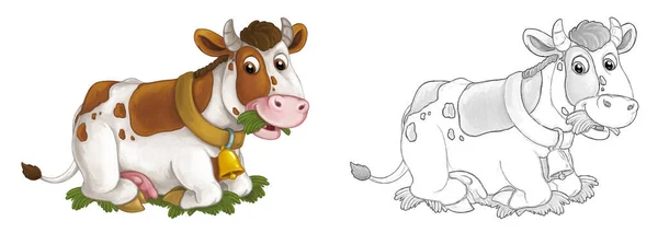 Escena Dibujos Animados Vaca Feliz Está Pie Mirando Hacia Abajo —  Fotos de Stock