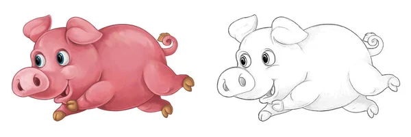 Dessin Animé Scène Croquis Cochon Heureux Est Debout Regardant Souriant — Photo