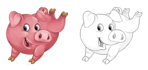 Dessin Animé Scène Croquis Cochon Heureux Est Debout Regardant Souriant — Photo