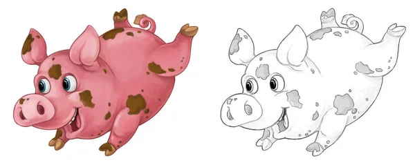 Cartoon Sketch Szene Glückliches Schwein Steht Guckend Und Lächelnd Künstlerischer — Stockfoto