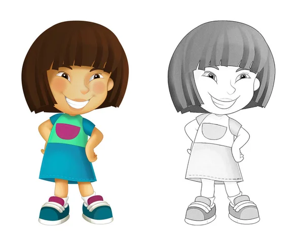 Desenho Animado Cena Esboço Com Criança Asiática Menina Fundo Branco — Fotografia de Stock