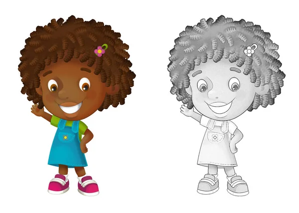 Beyaz arka planda çocuk kızın olduğu karikatür sahnesi - çocuklar için illüstrasyon