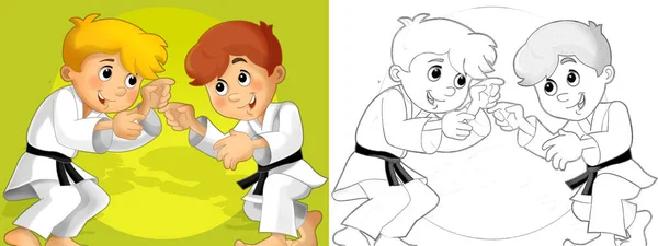 Dessin Animé Scène Croquis Avec Entraînement Des Enfants Faire Peu — Photo