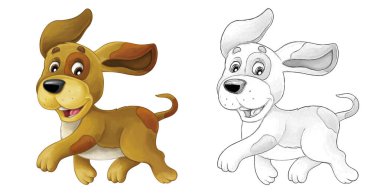 Çizgi film sahne köpeği zıplıyor ve bakıyor - sanatsal stil - çocuklar için illüstrasyon