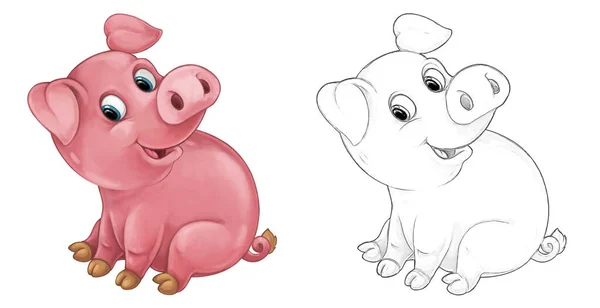 Cartoon Croquis Scène Cochon Est Debout Regarder Sourire Style Artistique — Photo