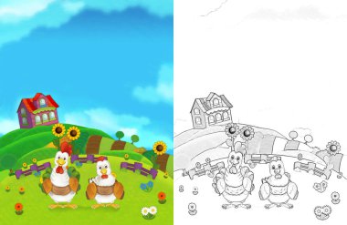 Çiftlikteki boğayla çizgi film sahnesi - çocuklar için illüstrasyon