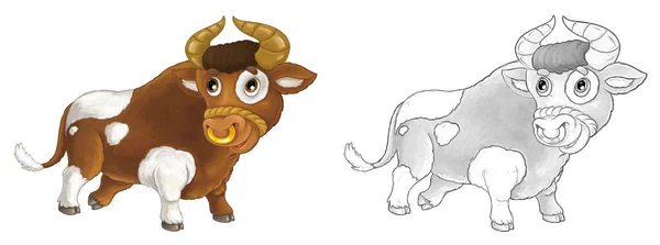 Dibujos Animados Escena Animal Granja Toro Alegre Está Sonriendo Mirando —  Fotos de Stock