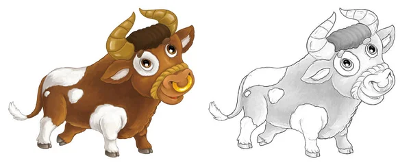 Dibujos Animados Escena Animal Granja Toro Alegre Está Sonriendo Mirando — Foto de Stock