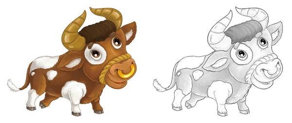 Cartoon Sketch Scene Farm Animal Cheerful Bull Smiling Looking Artistic — Stock Photo, Image