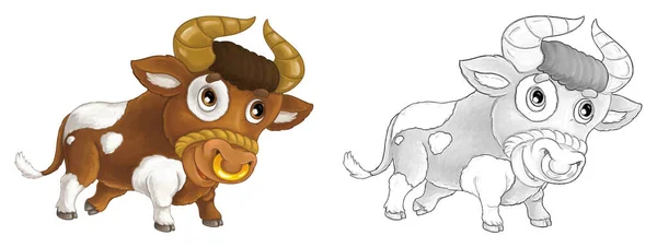 Dibujos Animados Escena Animal Granja Toro Alegre Está Sonriendo Mirando —  Fotos de Stock