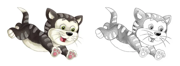 带猫的卡通素描场景是跳跃和看 艺术风格 儿童插图 — 图库照片