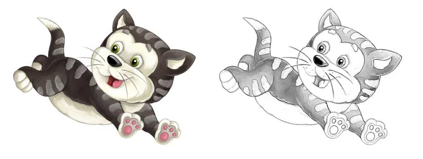 带猫的卡通素描场景是跳跃和看 艺术风格 儿童插图 — 图库照片