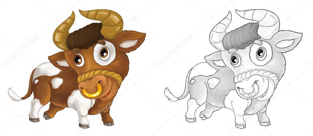 Cartoon sketch scene farm animal - cheerful bull is smiling and looking - artistic style - illustration for children
