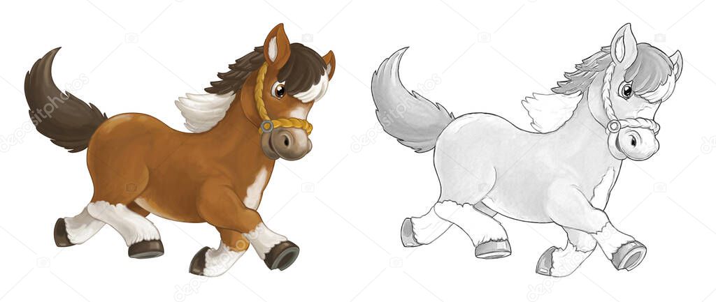 Cartoon sketch scene with horse is standing smiling and looking - artistic style - illustration for children