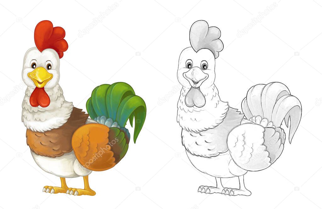 Cartoon sketch scene with farm animal - cheerful rooster is standing smiling and looking - artistic style - illustration for children