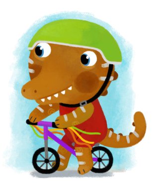 Dinozor ya da ejderhanın bisiklet sürdüğü bir karikatür sahnesi. Çocuklar için beyaz arkaplan resimli bir bisiklet ulaşımı.
