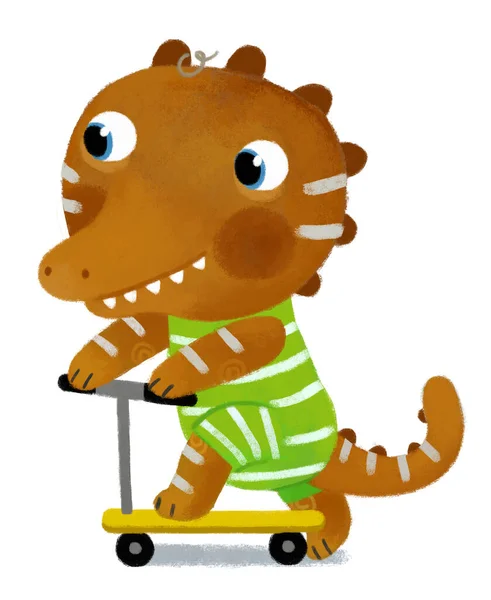 Cena Dos Desenhos Animados Com Dinossauro Dino Dragão Montando Transporte — Fotografia de Stock