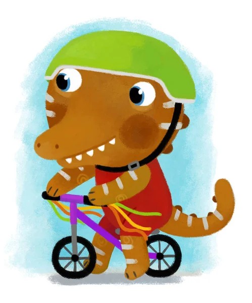 Escena Dibujos Animados Con Dinosaurio Dino Dragón Caballo Una Bicicleta —  Fotos de Stock