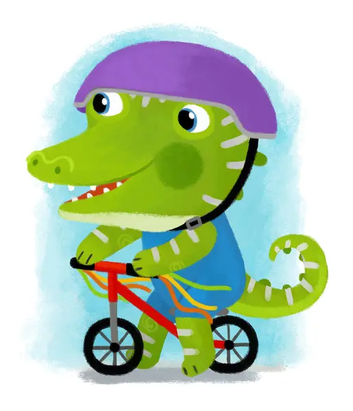 Dinozor Ejderhanın Bisiklet Sürdüğü Bir Karikatür Sahnesi Çocuklar Için Beyaz — Stok fotoğraf