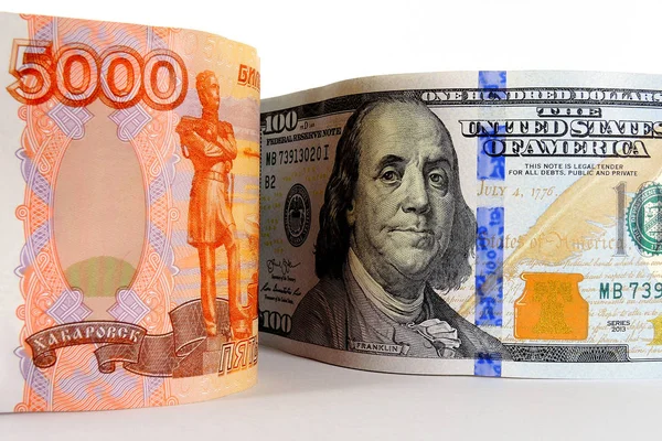 Scambio Rubli Dollari Cambiare Rotta Banconote Primo Piano — Foto Stock