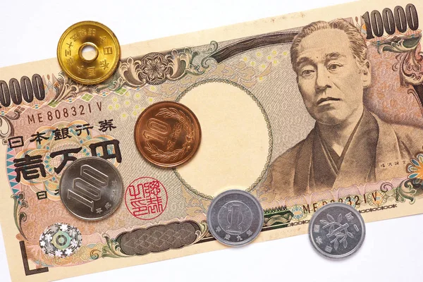 Uma Nota Japonesa 000 Ienes Moedas Estão Fundo Branco Close — Fotografia de Stock