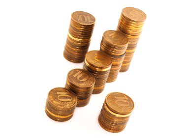 Beyaz bir arka plan üzerinde Rus 10 ruble sikke yığınları halinde ortaya konan yüzde işareti. Tecrit edilmiş değil. Close