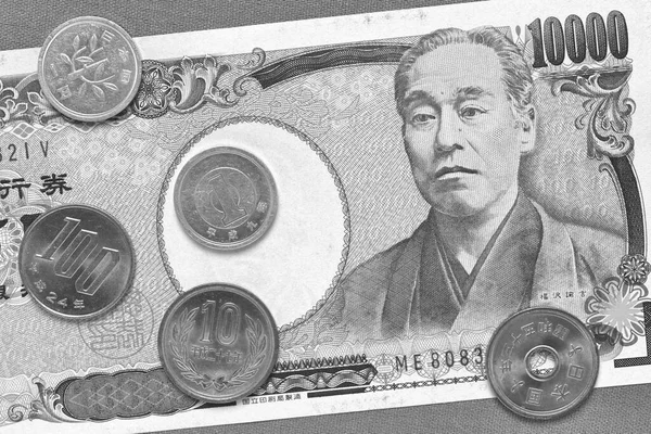 日本のお金 銀行券1万枚 硬貨100枚 10枚 1円のクローズアップ 財務または銀行のテーマに黒と白のモノクロの背景や壁紙 上からの眺め 最上階だ マクロ — ストック写真