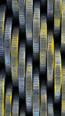 Paraların kenarlarından mavi ve sarı renkli duvar kağıtları. Bir para, mali ya da bankacılık temasında olağandışı dikey arkaplan ya da zemin. Rus sikkeleri duvarı 10 ruble.