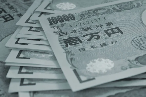 Field 10000 Yen Japanese Notes Tinted Grey Gray Blue Background — Stock Photo, Image