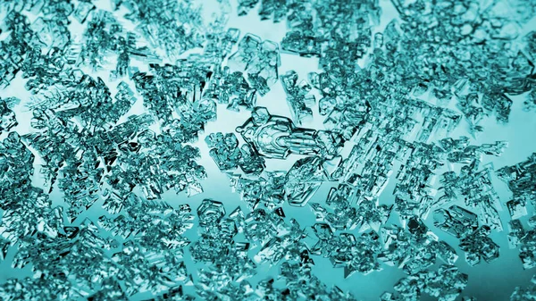 Кристали Льоду Крупним Планом Віконному Склі Взимку Тонований Бірюзовий Напівпрозорий — стокове фото
