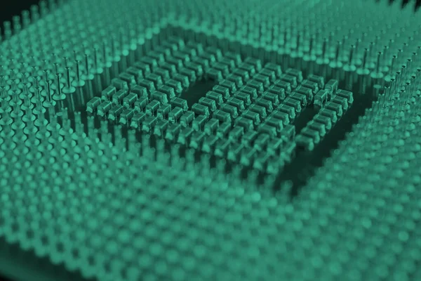 Computer processor close-up. Dark green tinted background or backdrop. Wallpaper on the theme of information technology. A pattern of contacts and semiconductors of a microprocessor. Macro