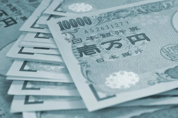 Field 10000 Yen Japanese Bills Tinted Gray Grey Blue Background — Stock Photo, Image