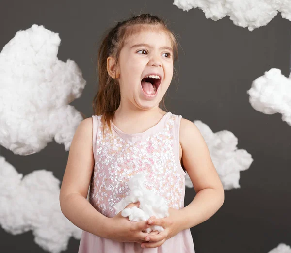 Girl Playing Clouds Shot Studio Gray Background — Stock Photo, Image