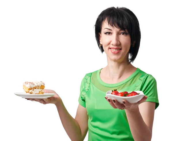 Girl Choice Strawberry Sweet Cake Isolate White Background Healthy Food — Stock Photo, Image