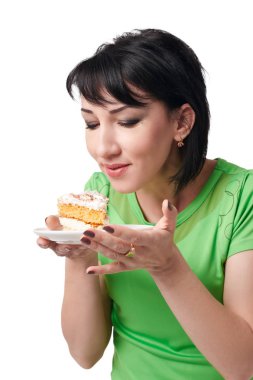 tatlı kek, beyaz arka plan üzerinde izole ile poz kız