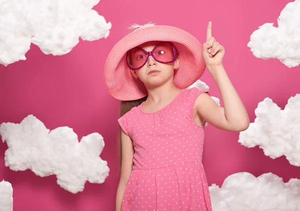 Fashionable Girl Posing Pink Background Clouds Pink Dress Hat — Stock Photo, Image