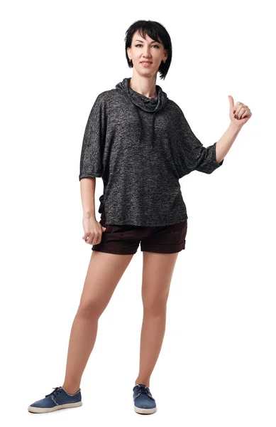 Young Woman Posing Studio White Background Wearing Brown Shorts Shirt — Stock Photo, Image