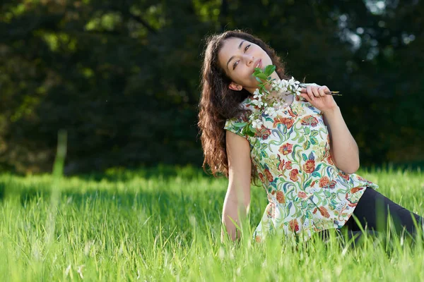 Gyönyörű Lány Egy Tisztás Parkban Fényes Nap Árnyak Füvön — Stock Fotó