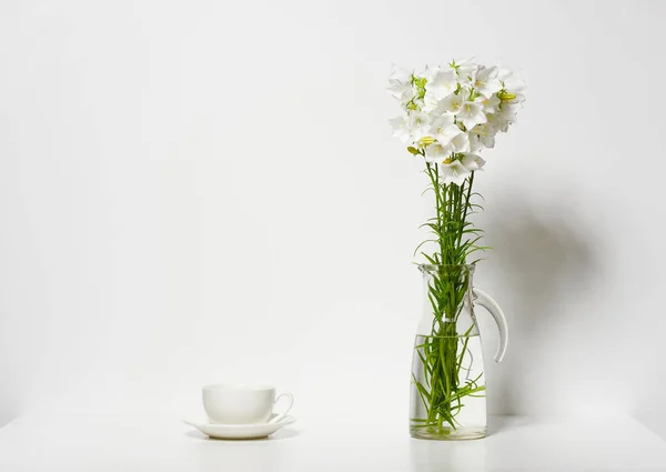 Harangvirág Egy Csésze Vázában Táblázatot Falra Fehér Háttér — Stock Fotó