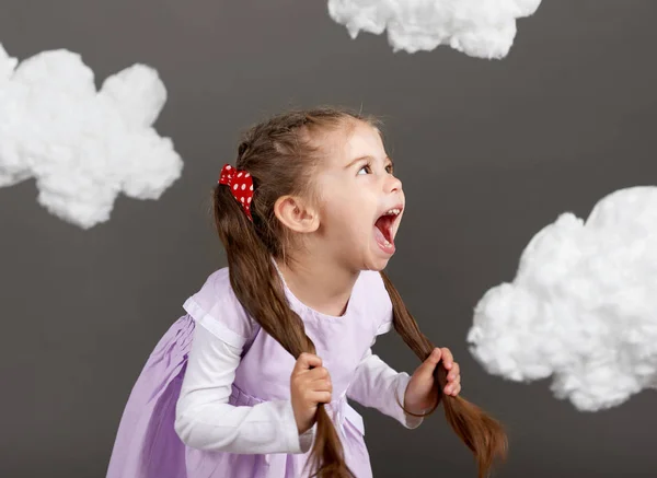 Girl Playing Clouds Shooting Studio Gray Background Happy Childhood Concept — Stock Photo, Image