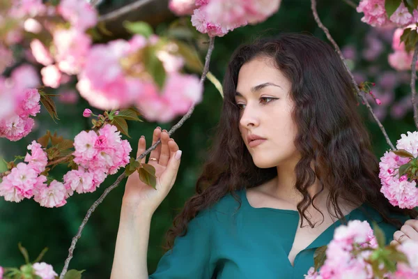 Красива Дівчина Позує Біля Квітів Сакури — стокове фото