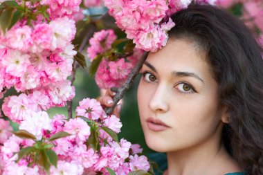 güzel kız poz yakınındaki pembe sakura çiçekler gibi arka plan, yüz portre, manzara bahar