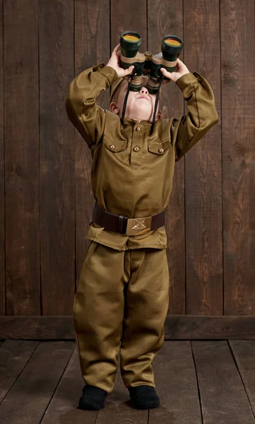 Children Dressed Soldier Retro Military Uniforms — Stock Photo, Image