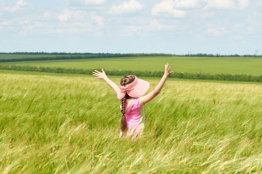 Buğday alan, parlak güneş, güzel yaz manzara ile yürüyüş çocuk