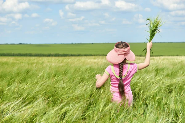 Dítě Procházky Pšeničné Pole Zářivé Slunce Krásné Letní Krajina — Stock fotografie