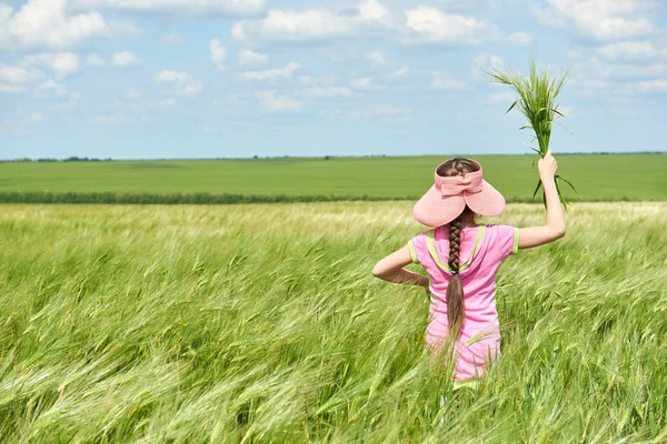 Dítě Procházky Pšeničné Pole Zářivé Slunce Krásné Letní Krajina — Stock fotografie