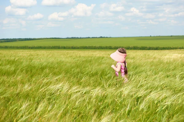 Kind Wandelen Door Het Tarweveld Felle Zon Mooie Zomerse Landschap — Stockfoto