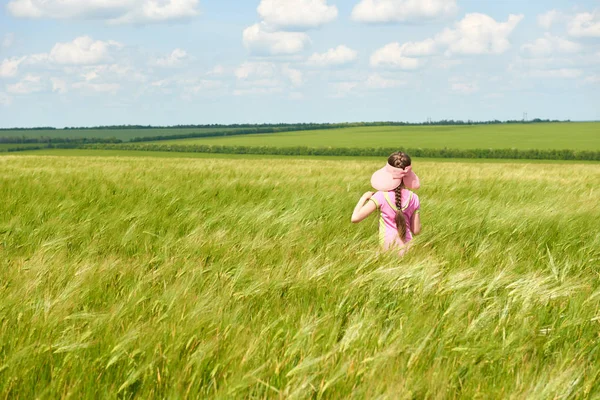 Dítě Procházky Pšeničné Pole Zářivé Slunce Krásné Letní Krajina — Stock fotografie