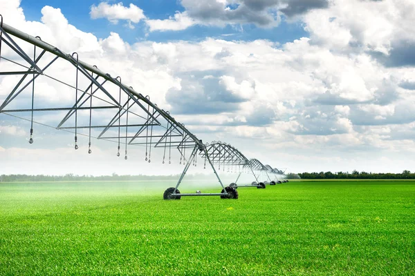 Bewässerungsmaschine Bewässert Landwirtschaftliches Feld Mit Jungen Sprossen Grünen Pflanzen Auf — Stockfoto